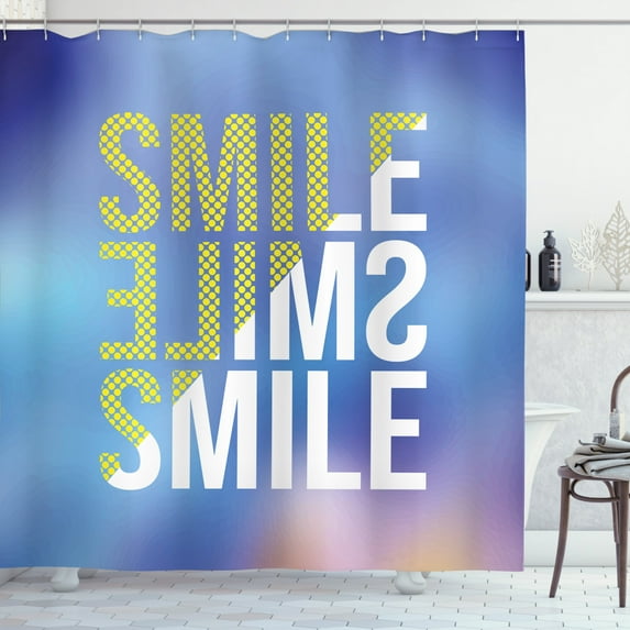 Smile Shower Curtain, Modern Big Positive Lettering in Different Designs, Fabric Bathroom Set with Hooks, 69W X 84L Inches Extra Long, Azure Blue Pale Sky Blue Yellow Pastel Brown, by Ambesonne
