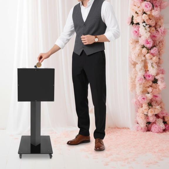 38.98in Height Suggestion Box with Lock and Key, Ballot Box, Floor Standing Donation Box with Wheels (Black)