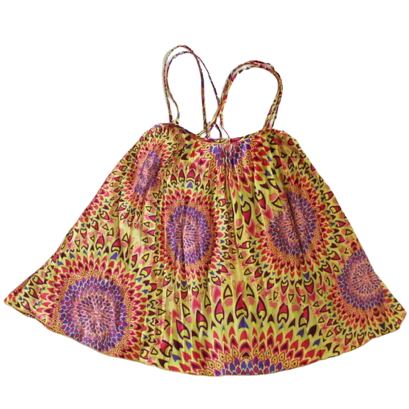 Classique Women's Dressy Tank with Thin Straps, Yellow with Colorful Design (Small)