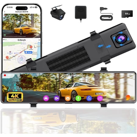 12" Mirror Cam Front and Rear, 4K Dashcam for with Voice Control, WiFi ADAS&BSD&LCA, GPS, Reverse Assist, G-Sensor, 24 Parking , Free 64GB Card