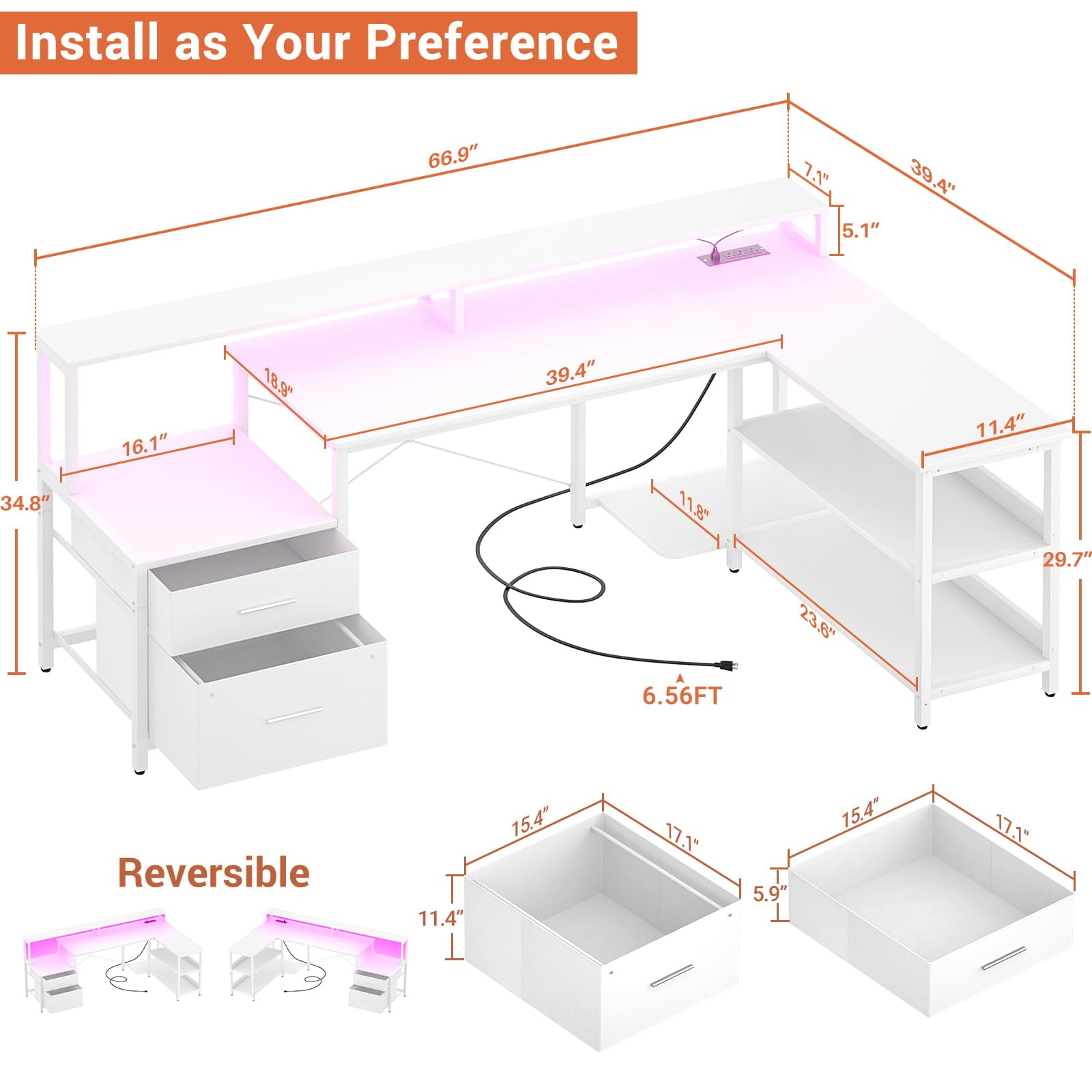 Homieasy L Shaped Desk with Power Outlet, Reversible L Shaped Computer Desk with File Drawer & Monitor Stand, Gaming Desk with LED Strip, Home Office Desk Corner Desk with Storage Shelf, White