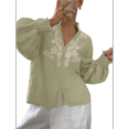 thumbnail image 3 of Women's Embroidered Linen Shirts Button Up Sleeve V Neck Boho Blouse Light Green S, 3 of 10