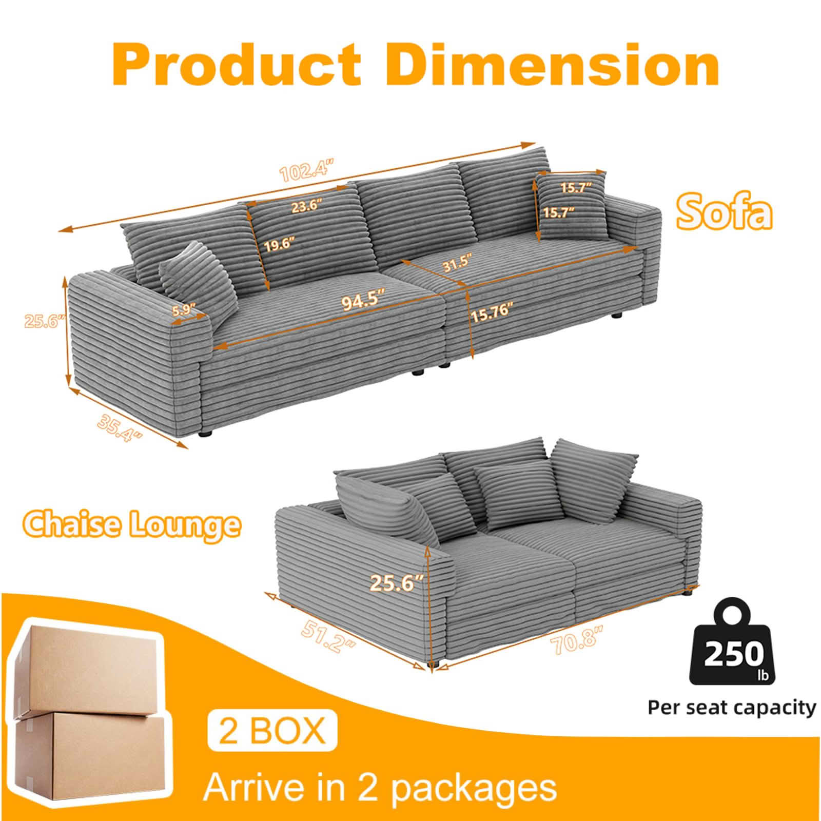 MAYEERTY 102.4" Plush Corduroy 4‑Seat Cloud Sofa, Modern Comfy Upholstered Deep Seat Couch with Soft Pillows, Convertible Sofa Lounge Chair for Living Room Bedroom