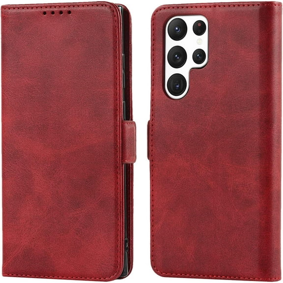 Wallet Phone Case Compatible with Samsung Galaxy S22 Ultra 5G – Quality, Premium PU Leather Cover with Card Slots and Horizontal Viewing Stand 6.8 Inch (Wine Red)