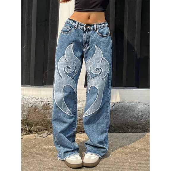 Women's Street Straight Leg Jeans With Pattern, Floor Length, Frayed Hem Details - Button And Zipper Closure, Functional Side Pockets, Women's Street/Casual/Daily Wear, Essential Street Item