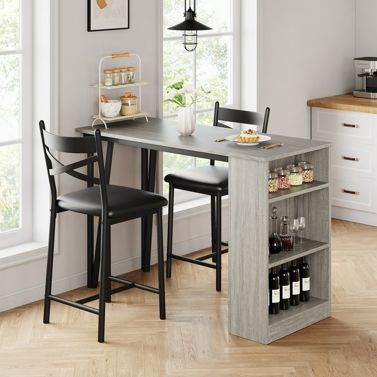 Small Spaces Style Pub Dining Table Set with Expandable Counter Height Table 2 Chairs and Storage Shelf Grey Walmart