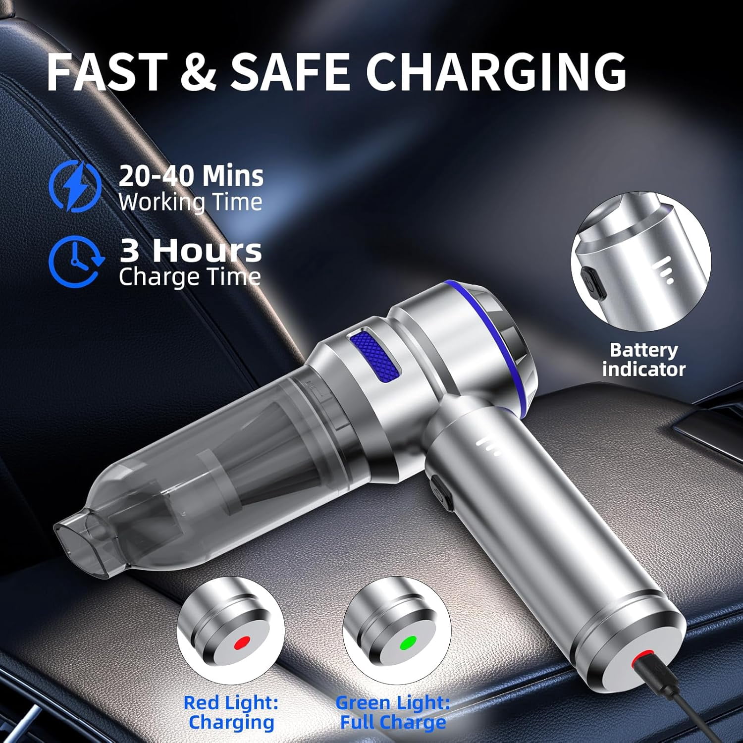General Portable Car Vacuum - 22000PA Cars Vacuum Cleaner High Power 4 in 1 Compressed Air Duster & Air Blower & Pump Hand Held Vacuums Cordless with Brushless Motor for Car Home Office Blue