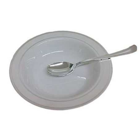 Large Rim Soup Plate - 15 Disposable White Soup Bowls With Silver Rim. 12 Oz. Elegant Plastic Soup Plates.