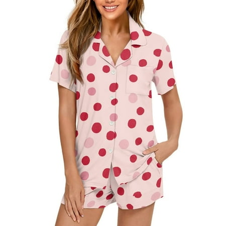 Yuyamidu Women Pajamas Set Button Down Sleepwear Short Sleeve Nightwear with Short Pants Soft Pjs Set with Pockets Loungewear for Casual Travel Polka Dot Size S