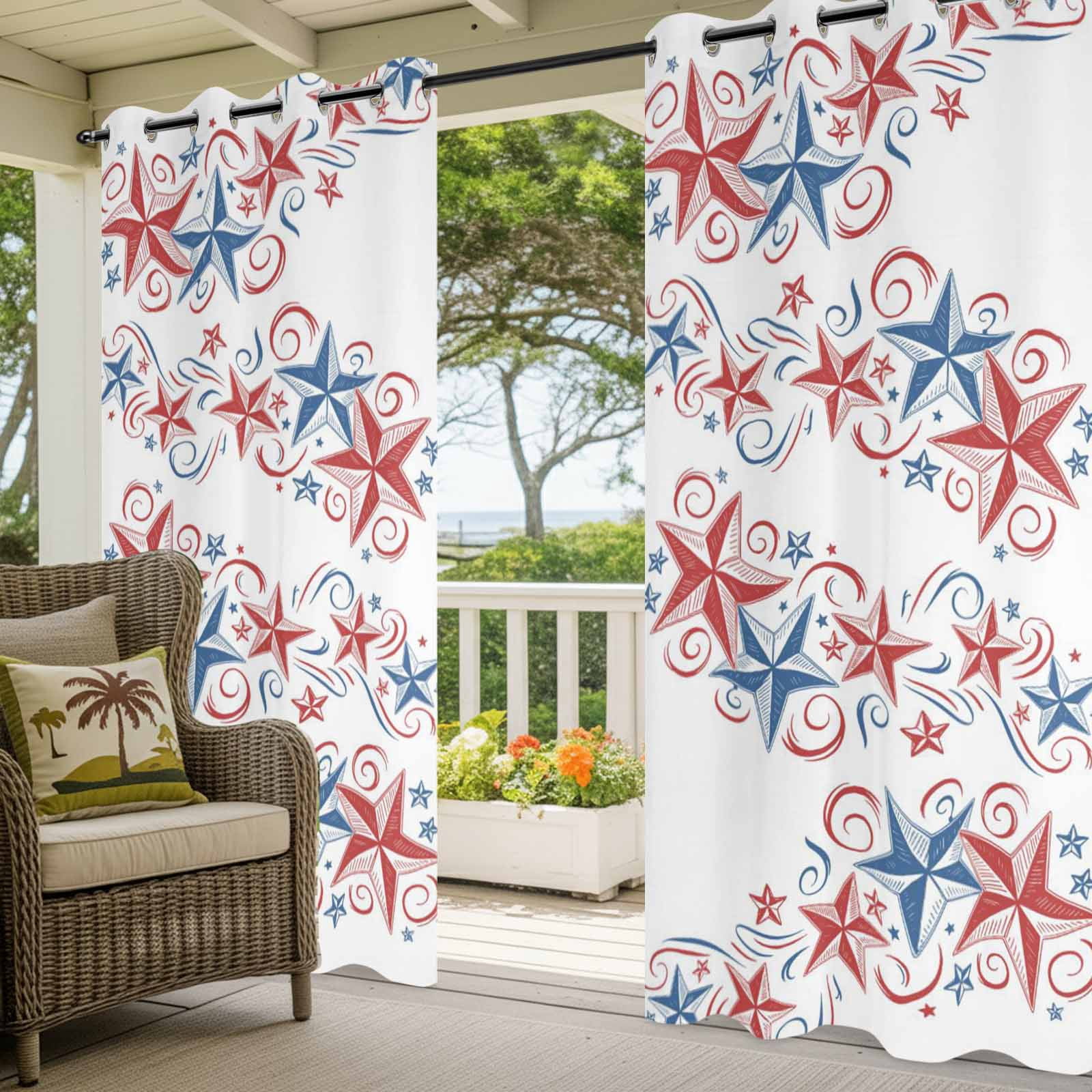 Independence Day Star Outdoor Curtains for Patio, 4th of July American Flag Red Blue Star Sunshade Privacy Drapes Grommet Waterproof Outside Curtains for Porch/Cabana/Balcony 54"x 84", 1 Panel