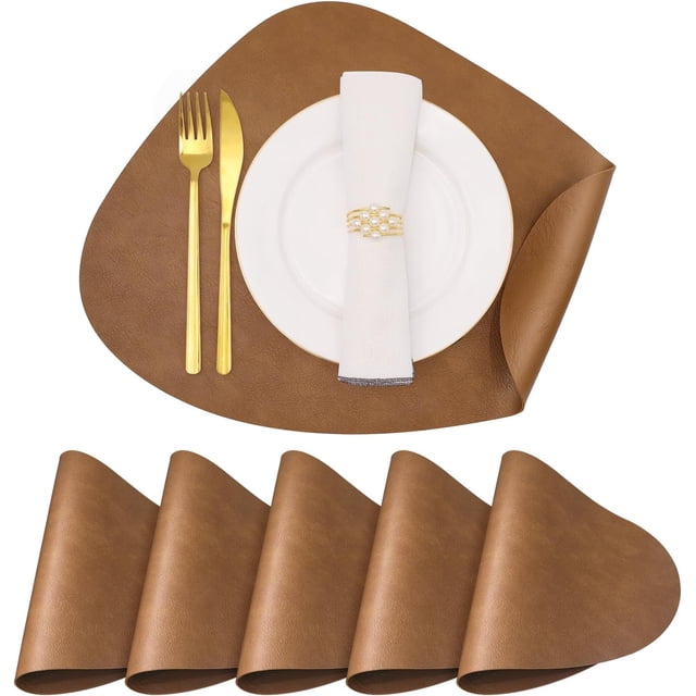 Round Placemats Set of 6 Faux Leather Place Mats Double-Sided Anti Slip Wipeable Washable Reversible Table Mats for Kitchen Dining Christmas Table Home Decorations(Brown)