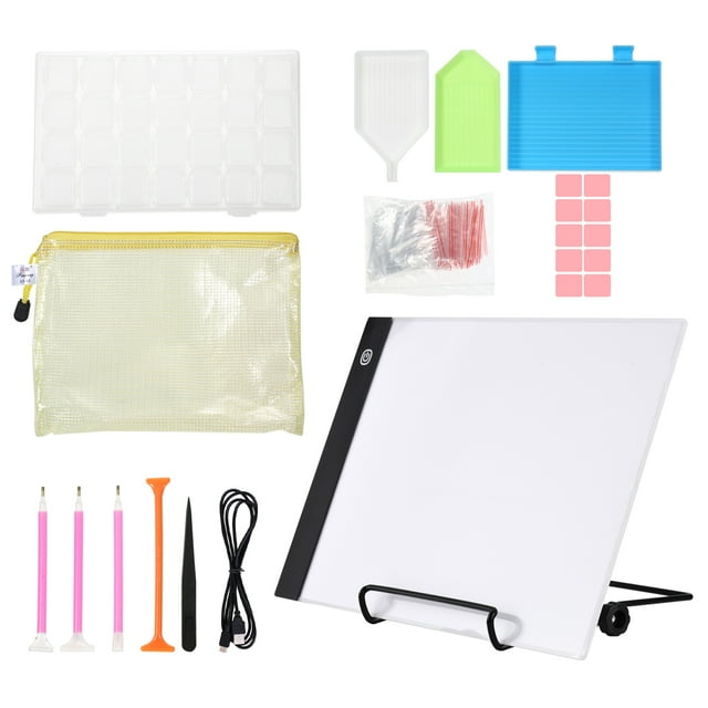 123-Piece DIY Diamond Painting Tool Kit with A4 LED Light Pad (2500LUX Max, Acrylic/Plastic), Adjustable Iron Stand, Micro USB Power, Storage Box (28 Grids), Tool Bag, Tweezers, 4 Diamond Pens, 3