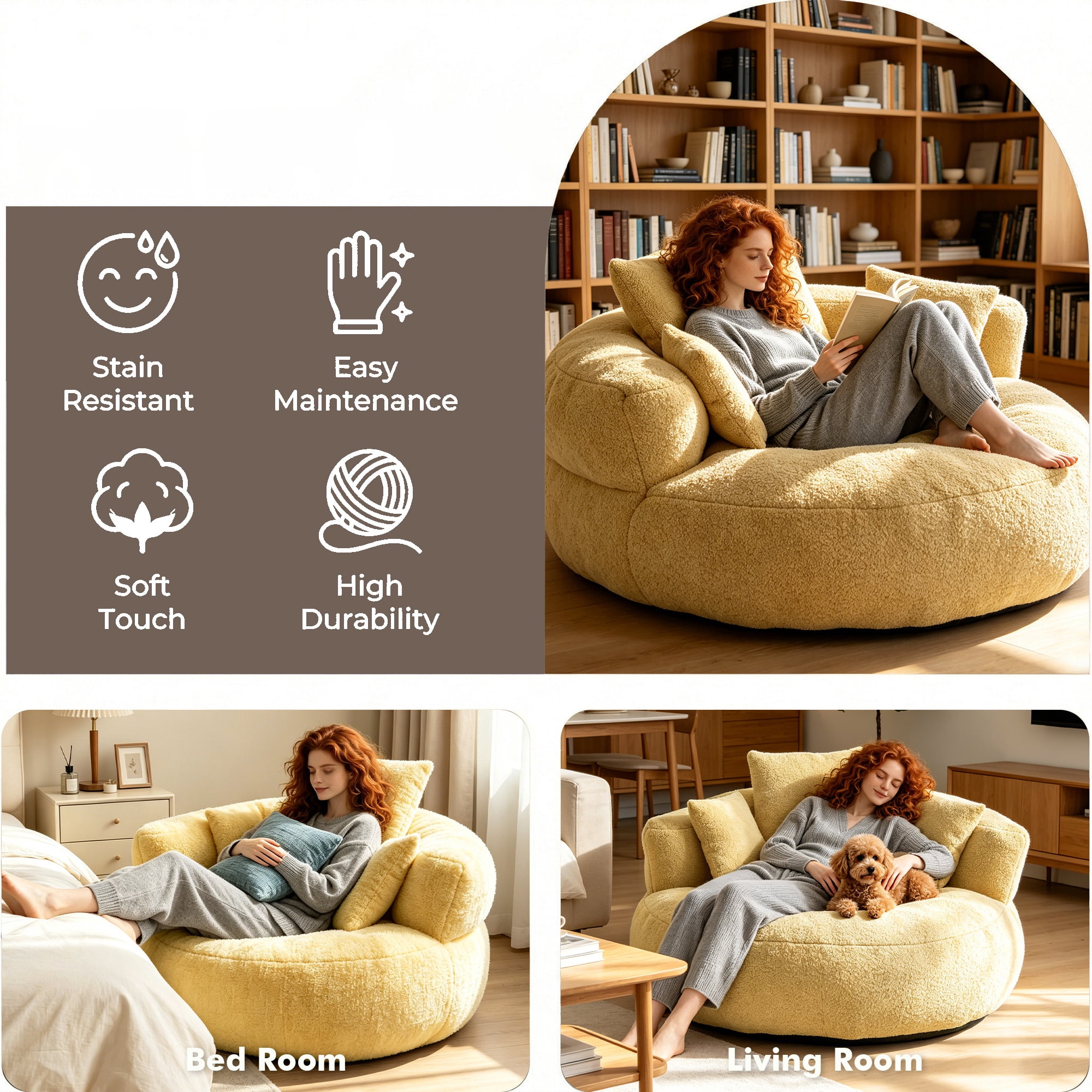 MOONMISS Oversized Bean Bag Chair, Chenille Lazy Bean Bag Sofa with Wrap-Around Backrest & Pillows for Living Room,Yellow