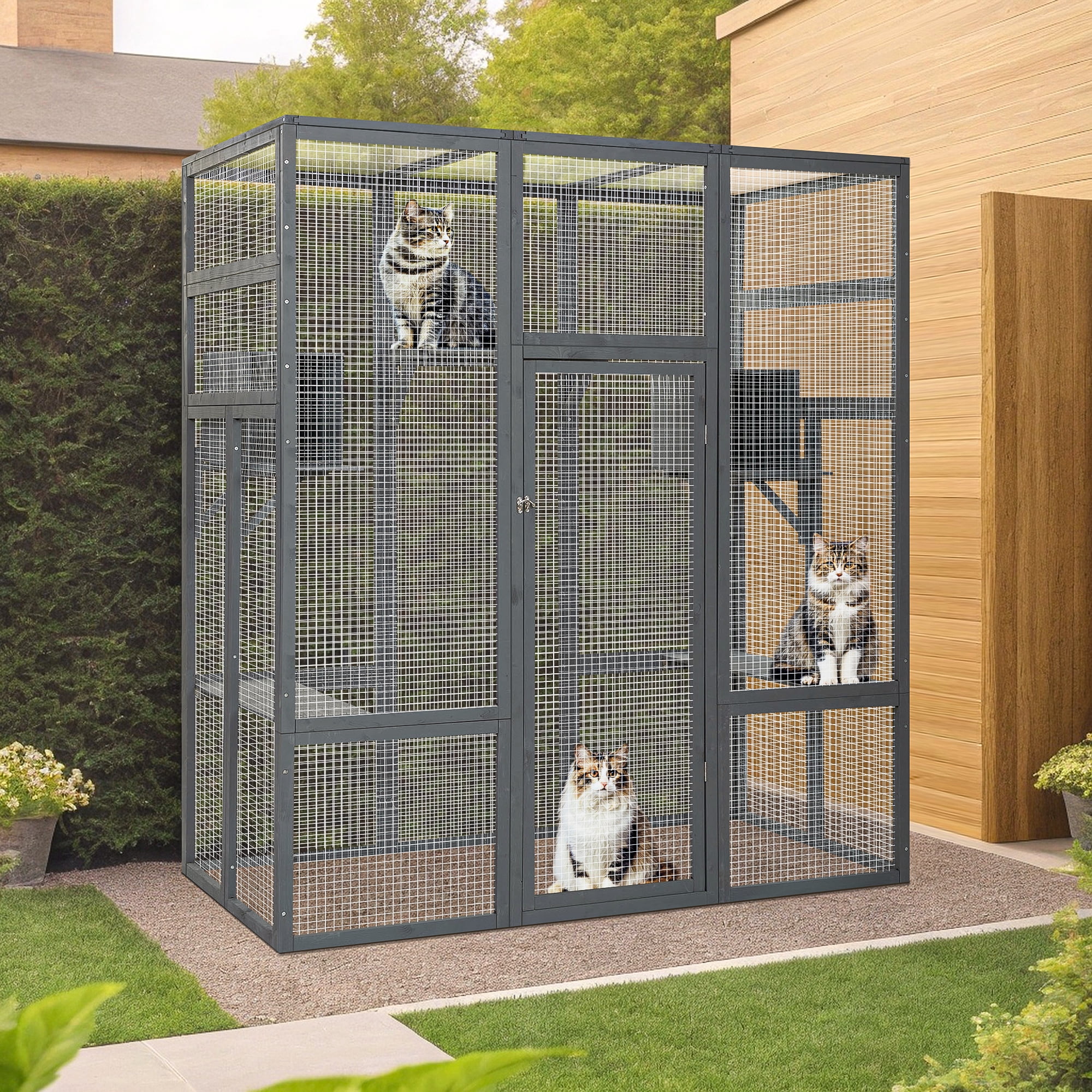 Demi Bonn 70" Outdoor Wood Cat House, Catio Kitty Enclosure Large Cat Cage Condo Playpen with Platforms and Small House, Gray
