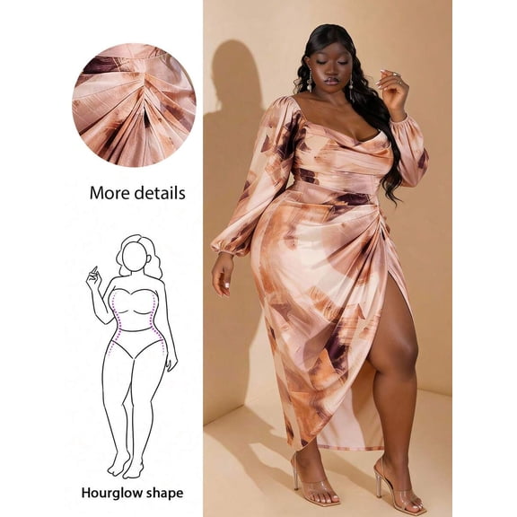 Multicolor Plus Size Satin Draped Neck Ruched Wrap Dress With Slit