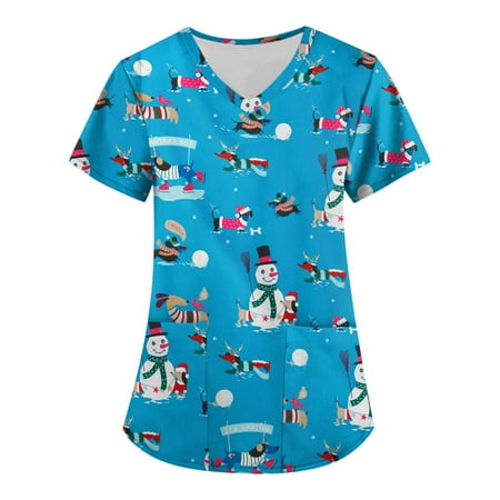 

EHTMSAK Women s Comfortable Scrub Top Short Sleeve Christmas Cartoon Printed Womens Top Casual Working Uniform Top Nurses Tunic Uniform Clinic Carer V-Neck Blouse with Pockets Blue 4X