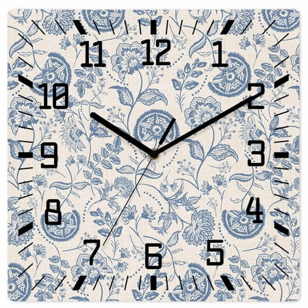 Blue Paisley Wooden Wall Clock Silent Non Ticking, Vintage Boho Flower Botanical Leaf Branch Square Wall Clocks Battery Operated, Decor Clock for Home Office, Living Room, Kitchen, 10 Inch
