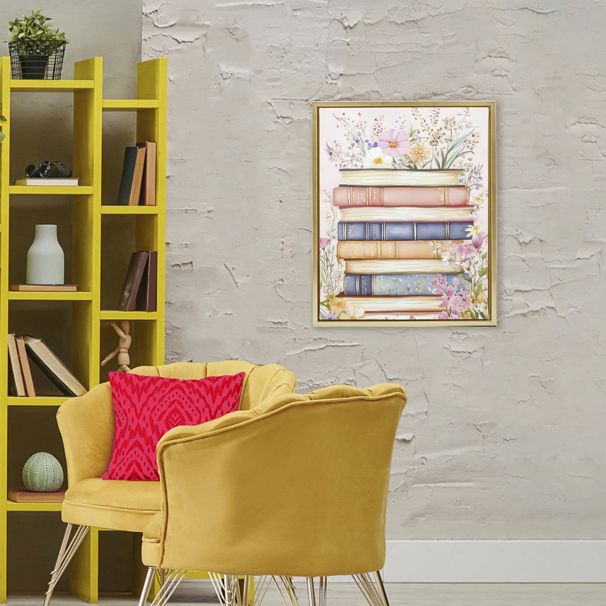 Stupell Industries Blooming Bookstack in Pastels Gold Framed Floater Canvas Wall Art, design by LSR Design Studio