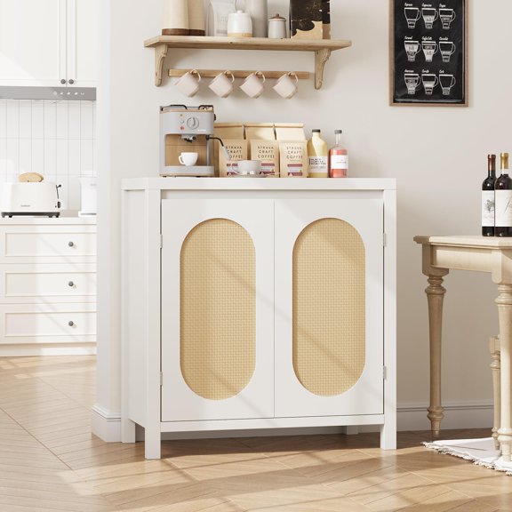 White Rattan Door Sideboard Cabinet 30.1 Inch, 2-Door Wooden Buffet Storage Cabinet for Dining Kitchen