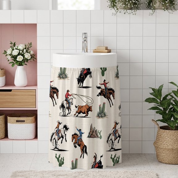 Small Cabinet Curtain 10''W x 11''L, Western Cowboys Under Sink Cover Drapes, Beige Vintage Country Cactus Self Adhesive Cabinet Skirt for Kitchen/Bathroom Vanity/Laundry Room/Open Shelf