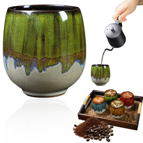 Green Ceramic Kiln-Fired Espresso Cup, 8*7 Cm/ Glaze Coffee Cup Set Ceramic & Tea Cups With Creative Bulge Design For Home Cafe Or