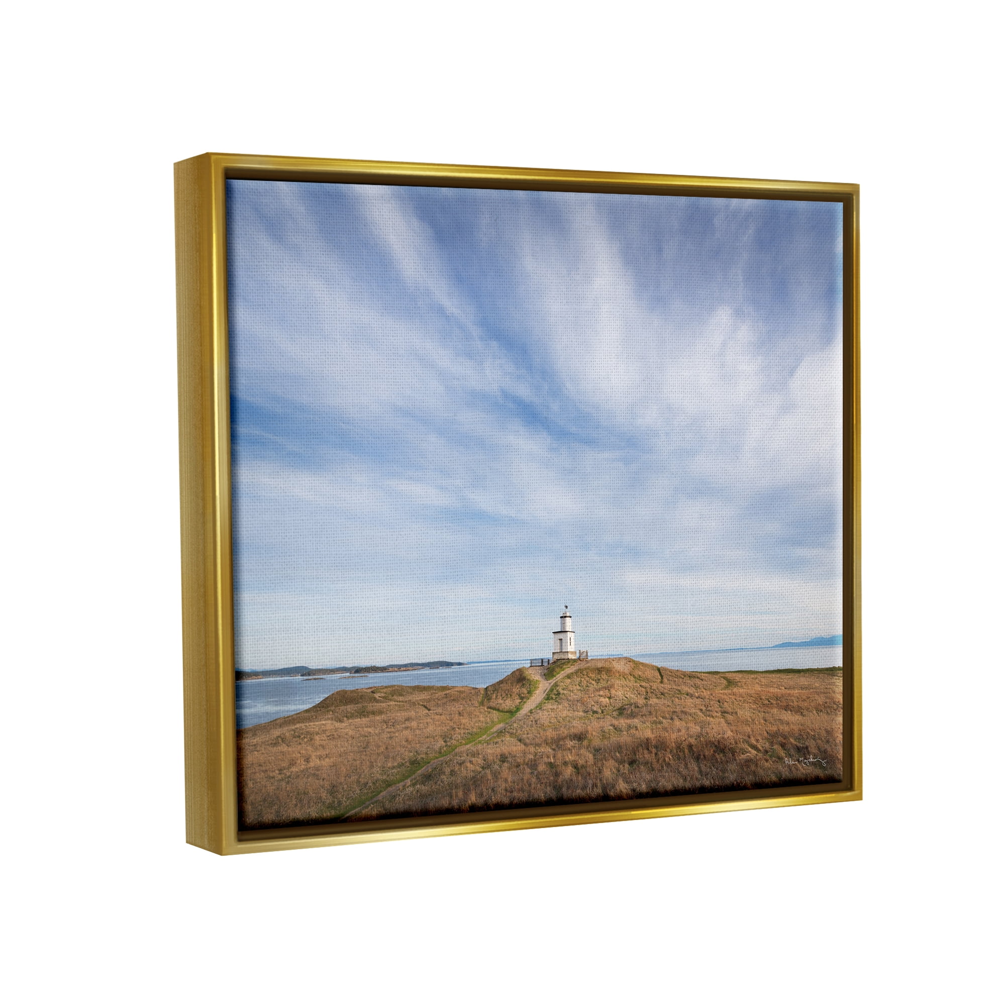 Stupell Industries Nautical Lighthouse Beacon Landscape Photography Gold Floater Framed Canvas Art Print Wall Art, 21 x 17