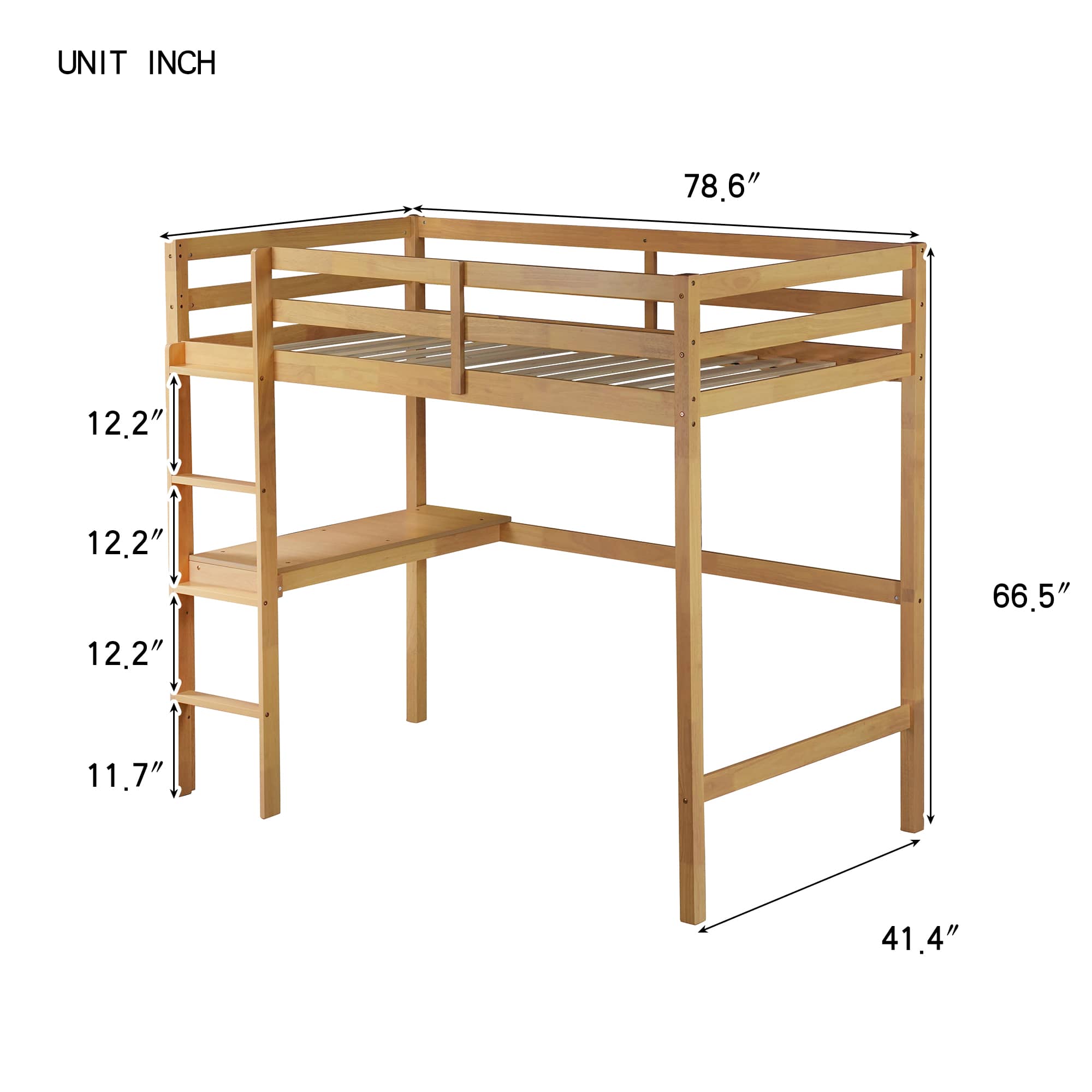 MAYEERTY Twin High Loft Bed, Rubber Wood Bed Frame with Guardrail, Built-in Desk, White Oak
