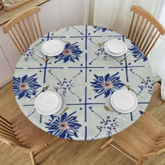 HAOXIT Round Tablecloth , Polish Pottery Style Tablecloth Classic Printed Table Cover for Decoration, Suitable for Home, Kitchen, Indoor and Outdoor Dining Table 31-35