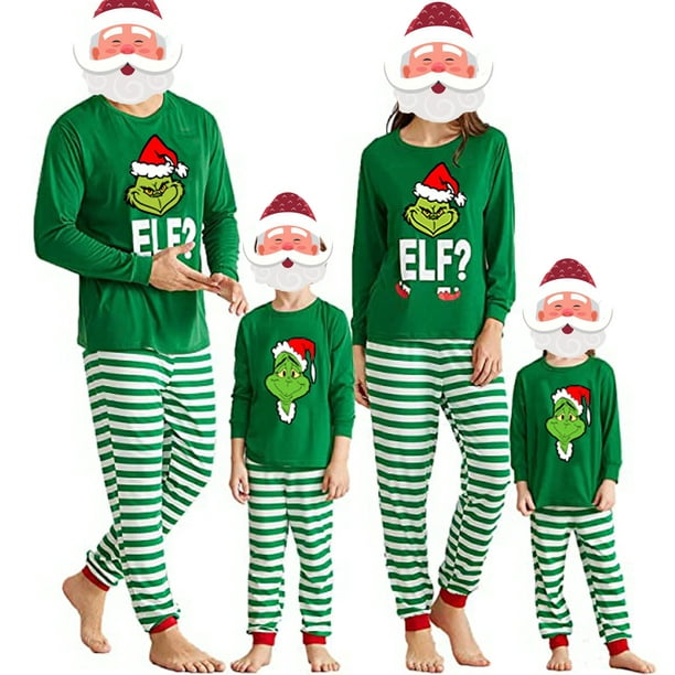 Ensemble pyjama familial de Noël assorti, hauts à empreintes de mains elfes  à manches longues avec pantalon à carreaux vêtements de nuit Loungewear