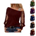 thumbnail image 1 of Sparkly Tops for Women 2026 Spring Fashionable Y2K Long Sleeve Off Shoulder Mesh T Shirt Going out Top Rave Outfits, 1 of 4
