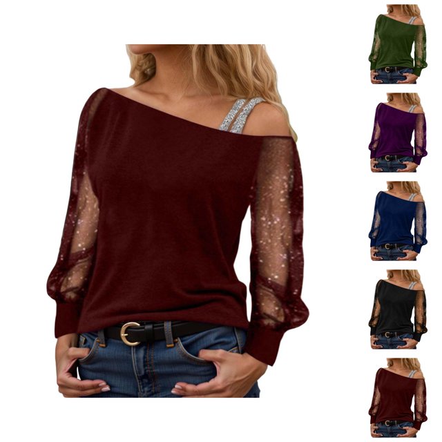 Sparkly Tops for Women 2026 Spring Fashionable Y2K Long Sleeve Off Shoulder Mesh T Shirt Going out Top Rave Outfits