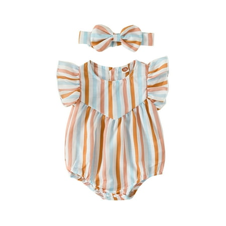 

Infant Baby Girls Romper Colorful Stripe Ruffles Fly Sleeve Bodysuits Jumpsuits with Headband