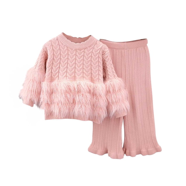 Girls' Mink Plume Sweater Set with Trousers Knitted, Fall and Winter Collection