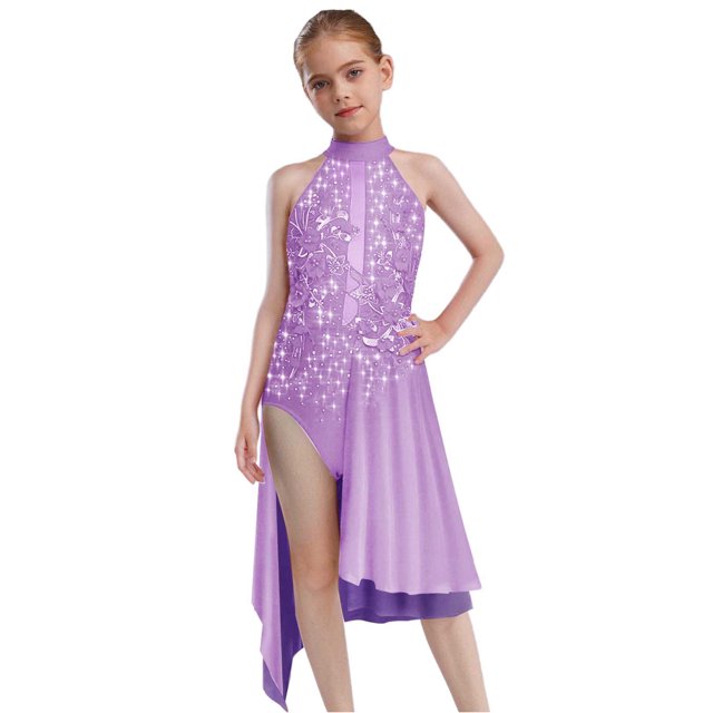 Jelory Robe de Danse Florale Lyrique pour Filles Enfants Justaucorps de Gym Sans Manches Contemporain Violet 10