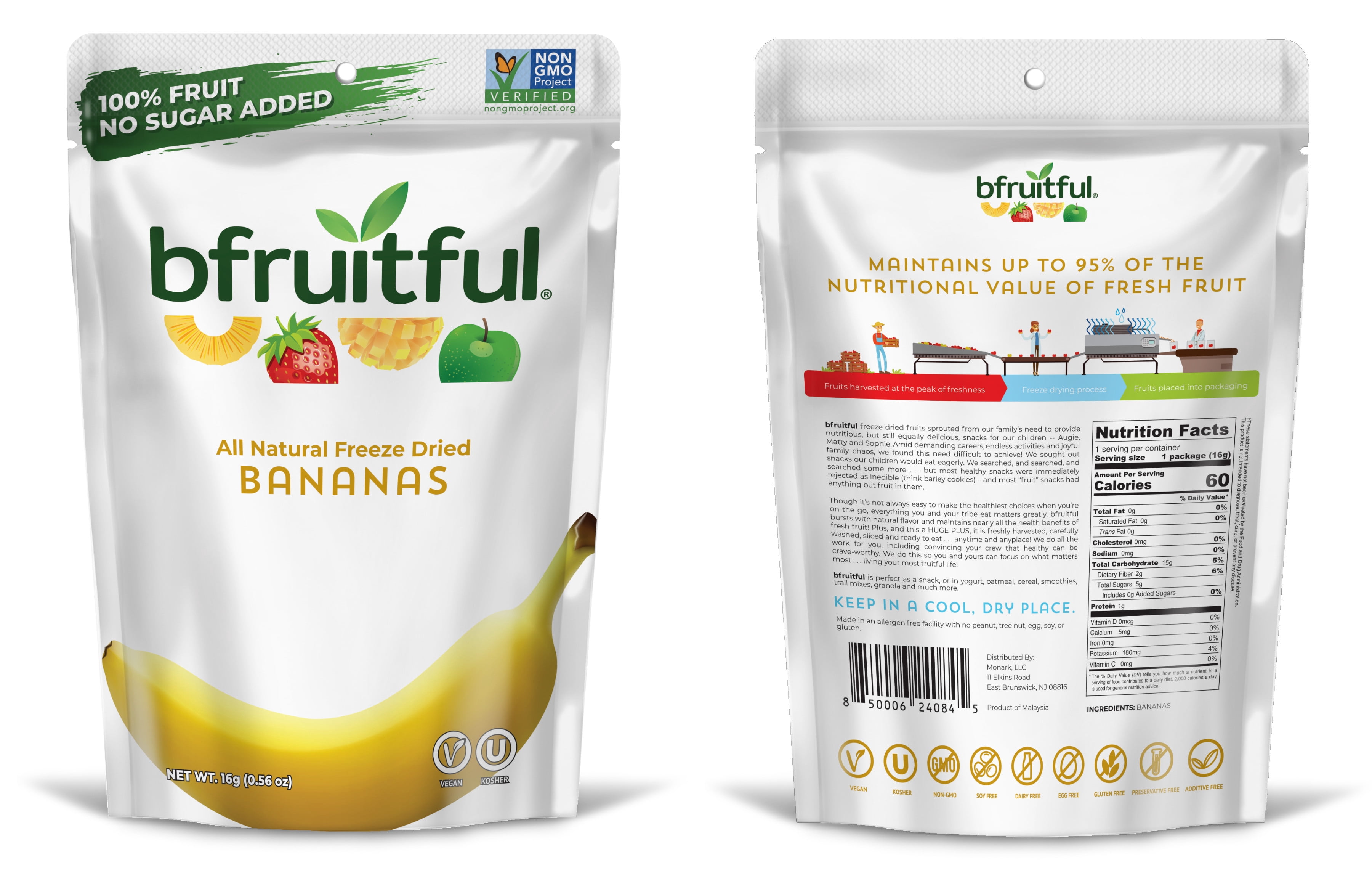 Bfruitful Freeze-Dried Bananas, Gluten Free, 12 Bags, 0.56 oz Each