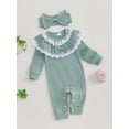 thumbnail image 3 of Suealasg Infant Baby Girls Fall Clothes Long Sleeve Ruffle Trim Full Length Jumpsuits Headband 3 6 12 Months Newborn Girls Ribbed Romper Bodysuit Headband, 3 of 7