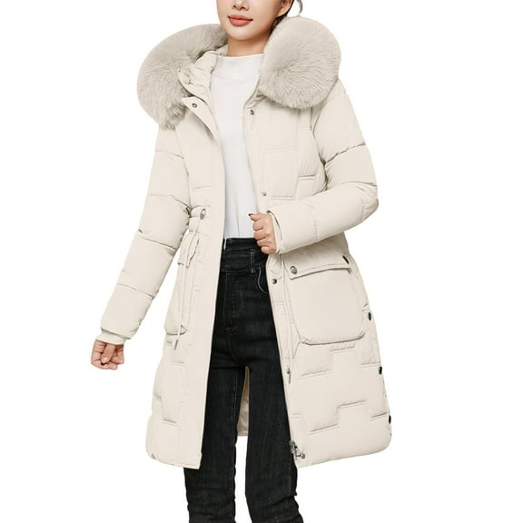 Breezora Slim Fit Long Puffer Coat for Women Warm Thickened Lined Waist Defining Winter Jacket L Size Beige