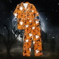 thumbnail image 6 of Womens Halloween Pajamas Full Theme Printed Silk Short Sleeve Button Down Lapel Pocket Shirts Loose Straight Casual Pants Comfy Nightwear Fall Winter 2 Pc Womens Loungewear Set Orange XXL, 6 of 7