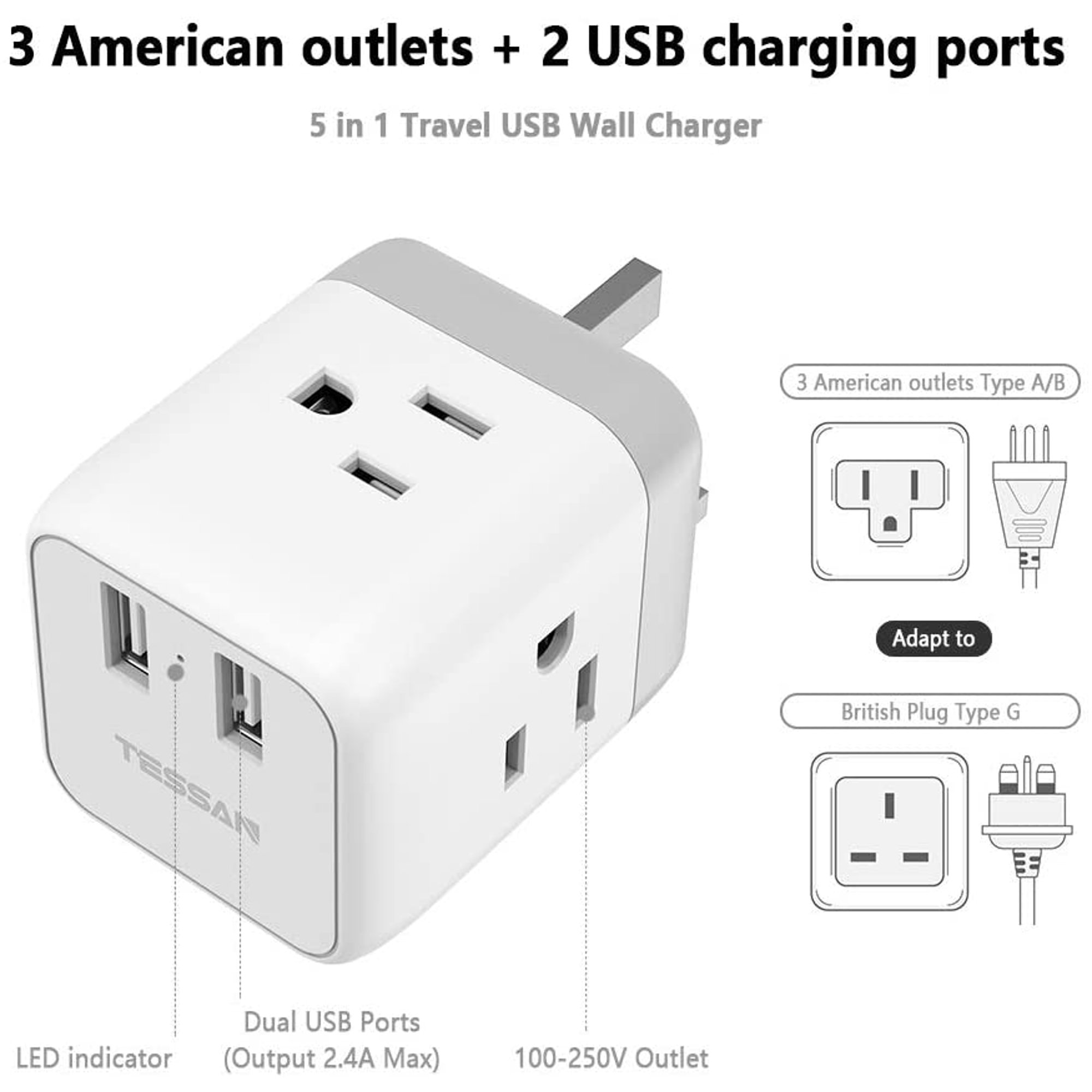 Us To Uk Plug Adapter Ireland Hong Kong Type G Travel Adapter Power Adapter With 3 American Outlets And 2 Usb Ports Usa To British England Kenya Dubai Irish Scotland Outlet Adaptor