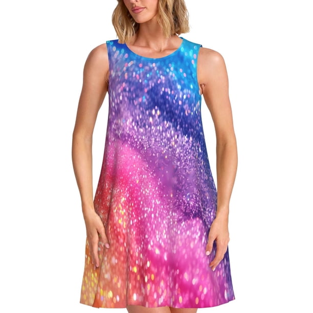 Easygdp Rainbow Glitter Cute para Vestido Transpirable de Mujer, Vestido Suelto de Manga Corta con Pliegues y Bolsillos para el Verano
