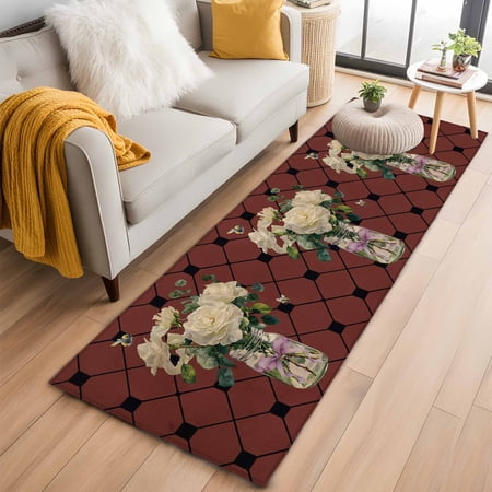 White Floral Runner Rug 2 x6 Rustic Bee Flower Leaf Farmhouse Burgundy Plaid Hallway Runner Rugs Washable Non-Slip Bedside Floor Mats Carpet for Kitchen Bedroom Laundry Room Bathroom