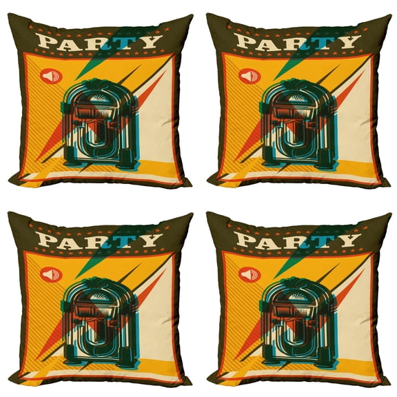 Ambesonne Vintage Throw Pillow Cover 4 Pack, Retro Old Music Jukebox, 18", Earth Yellow Olive Green