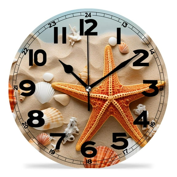 erolrail Rustic Wall Clock,Silent Non Ticking Wall Clocks for Living Room,Bedroom,Kitchen 12IN Starfish Seashell Sand Beach Image