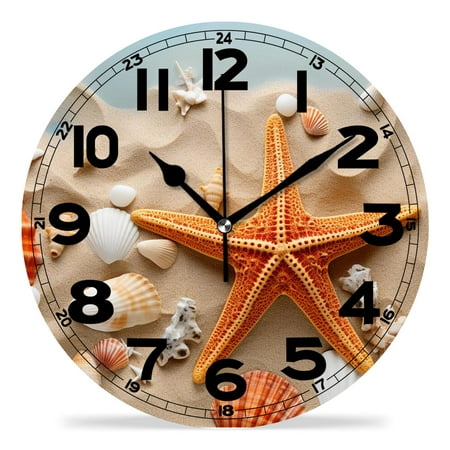 erolrail Rustic Wall Clock,Silent Non Ticking Wall Clocks for Living Room,Bedroom,Kitchen 12IN Starfish Seashell Sand Beach Image