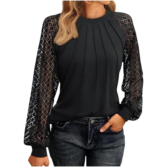 Timegard Hauts pour Femmes en Dentelle à Manches Longues Épaules Tombantes Blouse Froncée Automne Décontractée Col Rond Confortable