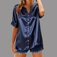 thumbnail image 4 of Fewfanhot Tops for Women Trendy Silk Satin Tops Dressy Casual Ruffle Short Sleeve Blouses Summer V Neck Pleated Button Down Shirts, 4 of 5