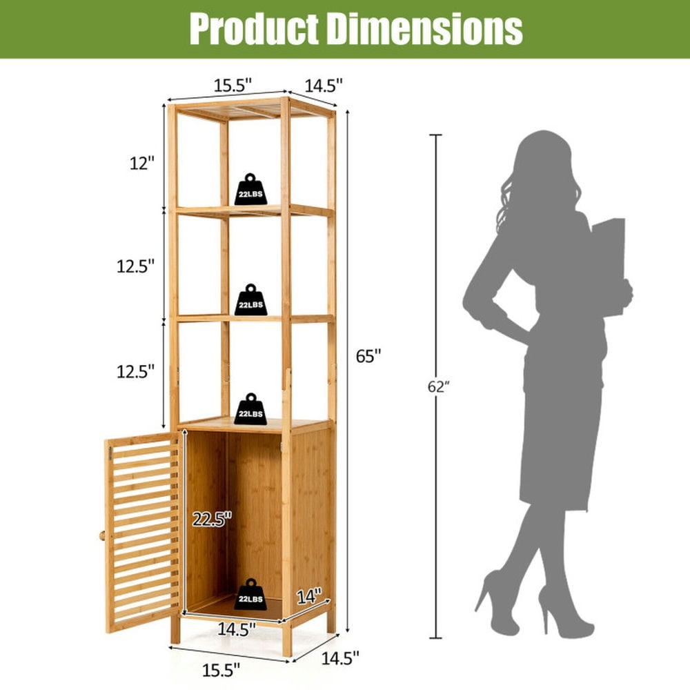 Finihen Storage Cabinet, Floor Cabinet, 4 Tiers Slim Bamboo Floor Storage Cabinet with Shutter Door and Anti-Toppling Device, for Bathroom, Living Room, Bedroom, Kitchen, Natural