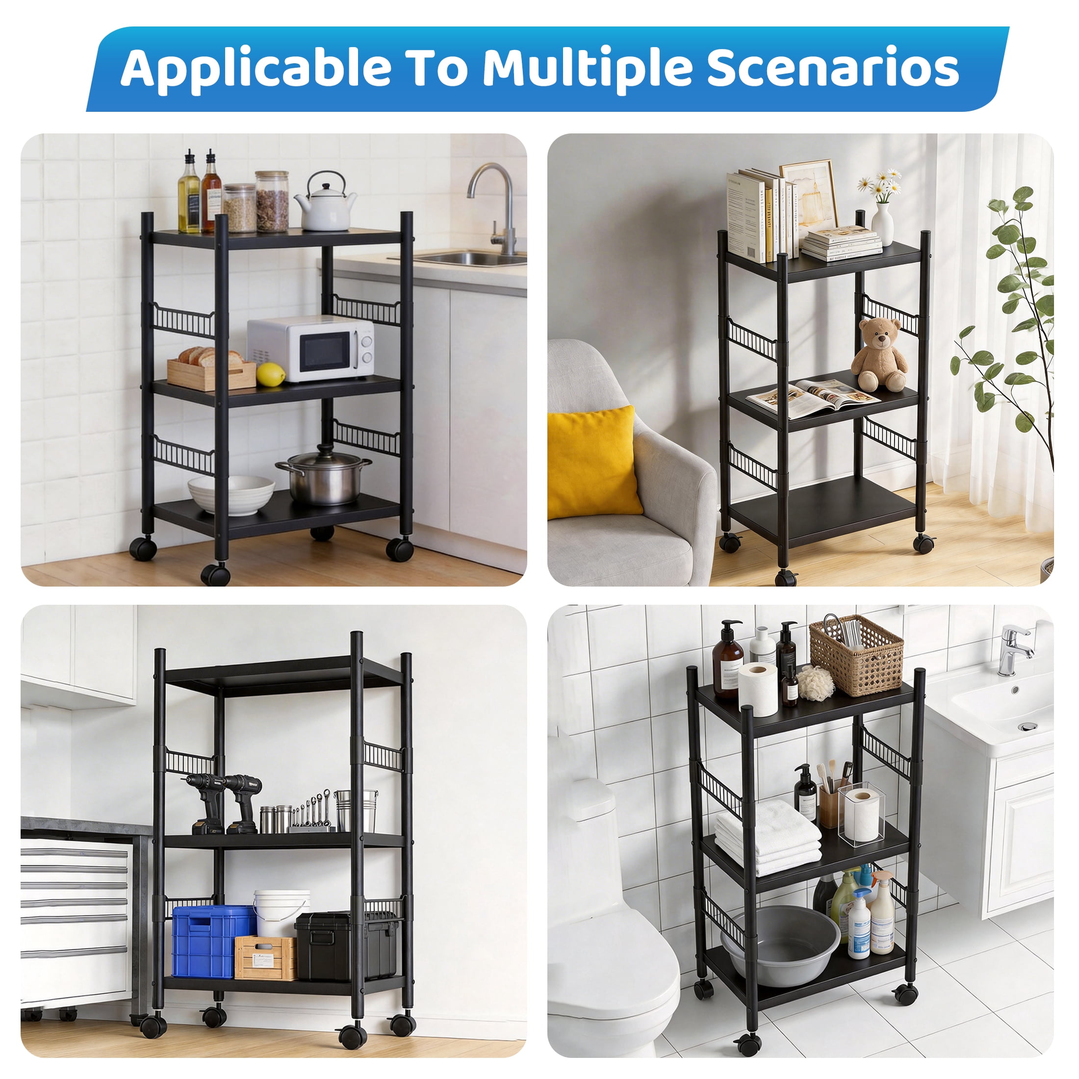 Kitchen Microwave Cart, 3-Tier Utility Shelf Microwave Stand Storage Cart with Wheels and 4 Hooks, Rolling Utility Storage Cart, Microwave Oven Storage Cart for kitchens Bathrooms Offices