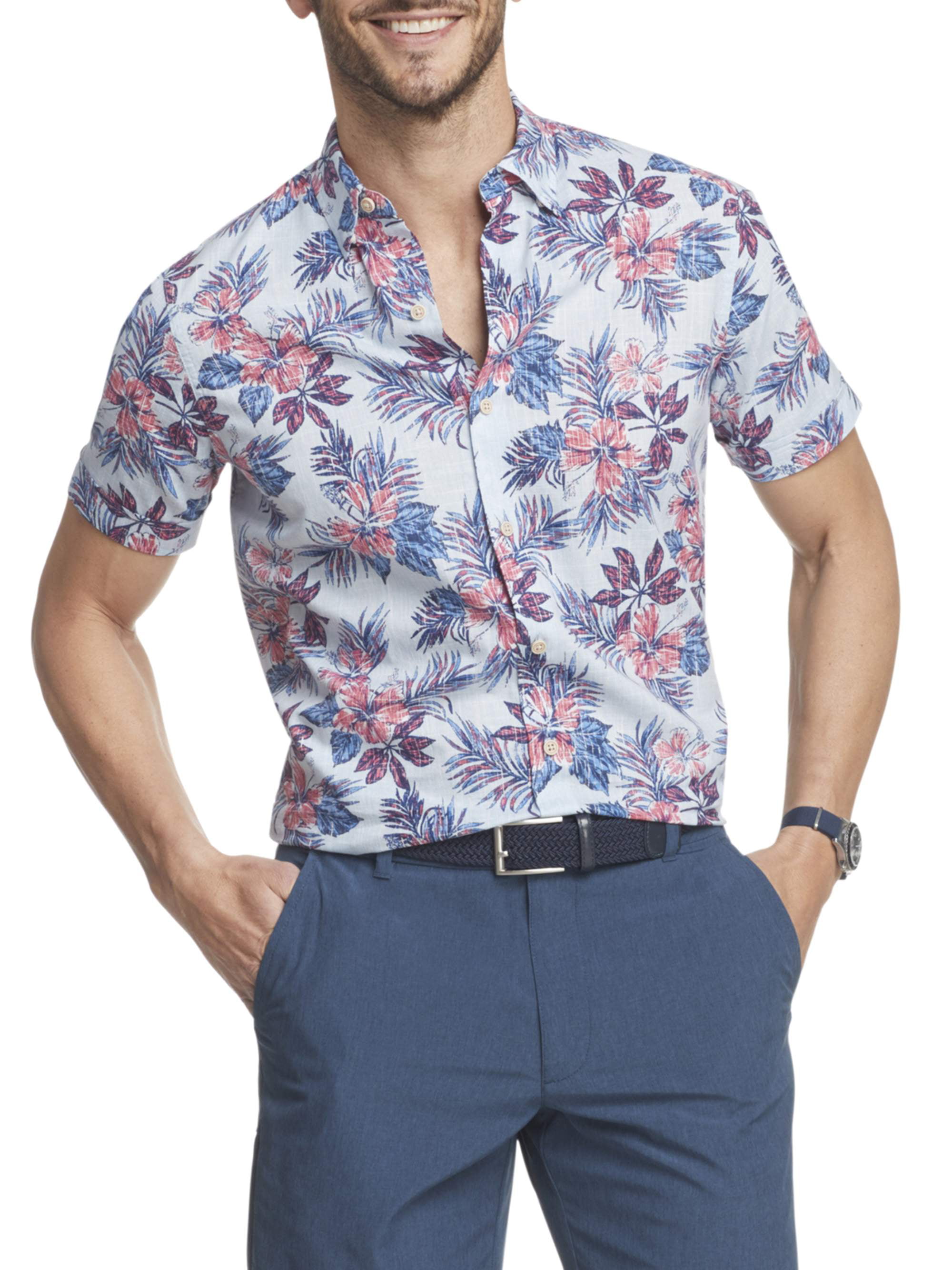 IZOD - IZOD Men's Saltwater Dockside Chambray Short Sleeve Button Down Printed Shirt - Walmart 