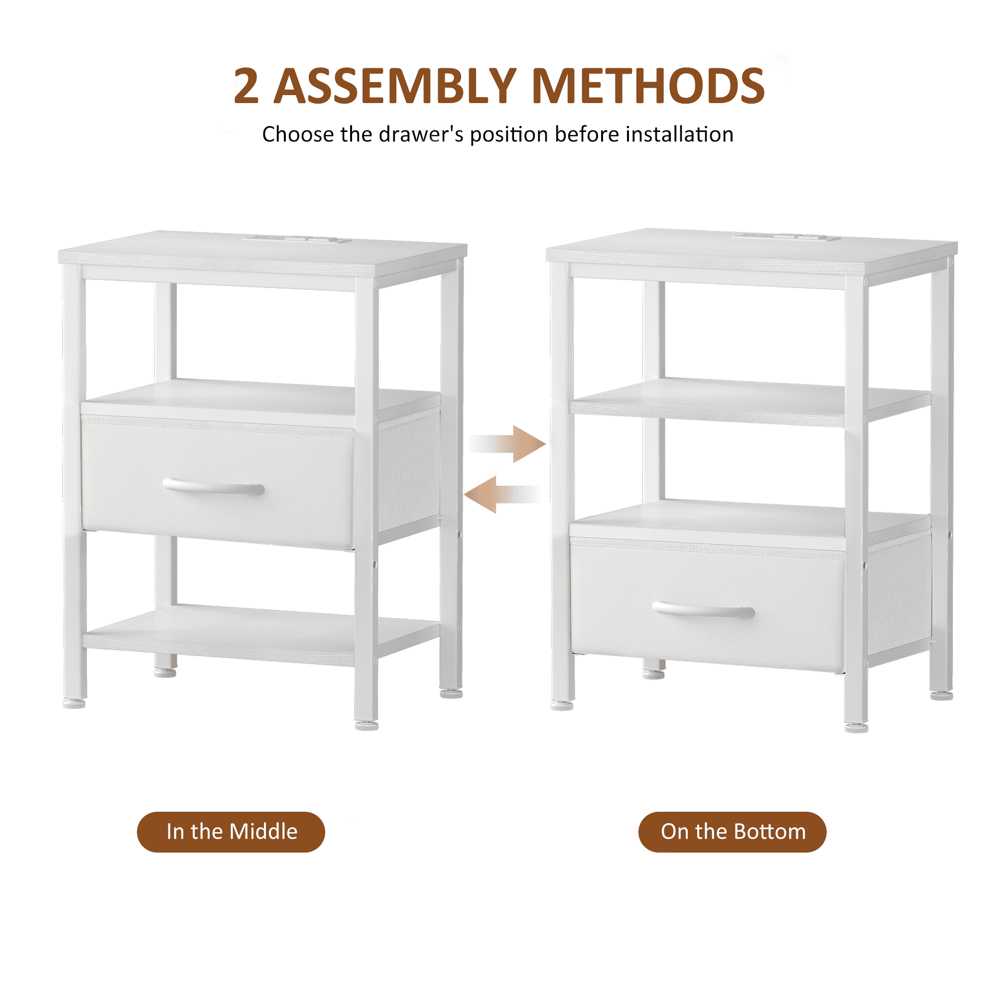 LIFERECORD Nightstand Set of 2 with 2 Fabric Drawers, Nightstand with Charging Station, End Tables with Storage Shelf for Small Spaces, Bedside Table Side Tables for Bedroom, White